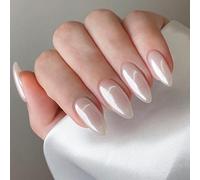 JUSTOTRY 24 Pcs Glossy Blanc Amande Faux Ongles Court Motif,French Press on Nails Courts, Solide Ovale Faux Ongle avec Colle Pour Femme et Ado,Almond Faux Ongles à Coller Nail Art