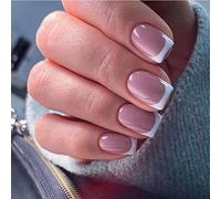 JUSTOTRY 24 Pcs Glossy Carrés Faux Ongles Court Motif,Blanc Laiteux French Press on Nails Courts,Faux Ongle avec Colle Pour Femme et Ado,Pink Square Faux Ongles à Coller Nail Art