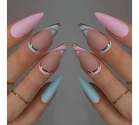 JUSTOTRY 24 Pcs Mat Amande Faux Ongles Court avec Coeur,Pink et Bleu French Press on Nails Courts,Stiletto Faux Ongle Moyen avec Colle Pour Femme et Ado,Almond Faux Ongles à Coller Nail Art
