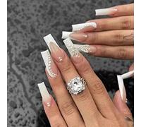 JUSTOTRY 24 Pcs Pearls Faux Ongles Long avec Butterfly,Blanc Heart French Press on Nails,Pink Cercueil Faux Ongle avec Colle Pour Femme et Fille,Ballerine Faux Ongles à Coller Moyen Nail Art