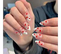 JUSTOTRY 24 Pcs Stiletto Faux Ongles Court avec Rouge Coeur Motif,Blanc French Press on Nails Courts,Pointu Amande Faux Ongle Moyen avec Colle Pour Femme et Ado,Almond Faux Ongles à Coller Nail Art