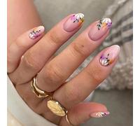 JUSTOTRY 24 Pcs Violet et Blanc Amande Faux Ongles Court Motif,Floral French Press on Nails Courts,Nude Ovale Faux Ongle avec Colle Pour Femme et Ado,Almond Faux Ongles à Coller Nail Art