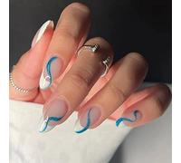 JUSTOTRY 24 Pièces Amande Faux Ongles Court, Blanc French Press on Nails Courts avec Wavy, Stiletto Faux Ongle avec Colle Pour Femme et Fille, Swirl Faux Ongles à Coller Nail Art