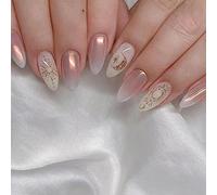 JUSTOTRY 24 Pièces De Fausses Ongles Almond Courtes Aurora, Ongles Collants avec Motifs de Lunes et Étoiles Français, Fausses Ongles Ovales Courtes Moyennes Lustrées Collantes