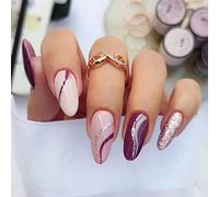 JUSTOTRY 24 Pièces Glitter Swirl Amande Faux Ongles Court,Plum Red French Press on Nails Courts,Stiletto Faux Ongle Moyen avec Colle Pour Femme et Fille,Almond Faux Ongles à Coller Nail Art