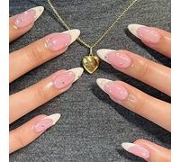 JUSTOTRY 24 Pièces Pearls Amande Faux Ongles Court,Beige French Press on Nails Courts,Diamant Stiletto Faux Ongle Moyen avec Colle Pour Femme et Fille,Almond Faux Ongles à Coller Nail Art
