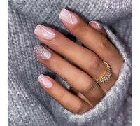 JUSTOTRY Lot de 24 faux ongles à coller - Courts, blancs - Tourbillon carré - Motif à presser - Ongles artificiels carrés - Manucure française - Pour femme
