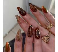 JUSTOTRY Lot de 24 faux ongles courts à coller caramel - Tourbillon doré - Caramel - Ongles carrés à presser avec motif papillon - Manucure française brillante - Moyen - À coller - Pour femme