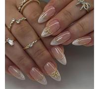 JUSTOTRY Lot de 24 faux ongles courts à coller - Effet miroir blanc - Tourbillon doré - En forme d'amande - Avec sculpture 3D métallique - Brillant - Ovale - Pour femme