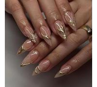 JUSTOTRY Lot de 24 faux ongles courts à coller - En forme d'amande - Avec motif métallique 3D - Tourbillon doré - Manucure française - À coller - Pour femme