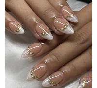 JUSTOTRY Lot de 24 faux ongles courts à coller - French manucure blanche - Tourbillon doré - Carré - À coller - Avec motif métallique 3D - Brillant - Moyen - Pour femme