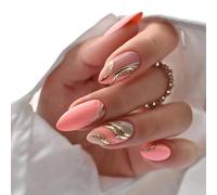 JUSTOTRY Lot de 24 faux ongles courts à coller - Rose pêche - Forme d'amande - Tourbillon doré - Motif à presser - Ongles ovales brillants - Manucure française - Pour femme