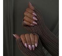 JUSTOTRY Lot de 24 faux ongles courts en forme d'amande rose chromé - À presser sur les ongles - Brillant - Miroir ovale français moyen à coller sur les ongles pour femmes et adolescentes