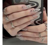 JUSTOTRY Lot de 24 faux ongles courts en forme d'amande, tourbillon, argent - À coller - Avec perles - Rose brillant - Ovales - Pour femme