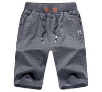 JustSun Short Homme Sport Coton Summer Running Jogging Short avec Poches Zippées Taille élastique Gris L
