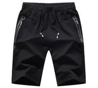 JustSun Short Homme Sport Coton Summer Running Jogging Short avec Poches Zippées Taille élastique Noir 2XL