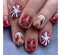 JUSTUNX 24 Pcs Rouge Noël Faux Flocon de Neige Ongles Faux Courts Paillettes Impression sur Ongles pour Femmes et Filles (A)
