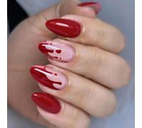 JUSTUNX 24pcs Amande Halloween Faux Ongles Rouge Gouttes de Sang Faux Ongles Impression sur Ongles pour Femmes et Filles