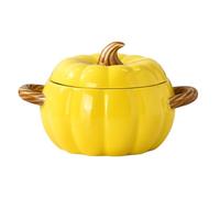Justup Bol à soupe avec anse - En céramique - 1,9 l - Bol à soupe de citrouille - Bol à pâtisserie - Récipient avec couvercle - Décoration d'Halloween - Ustensile de cuisine pour la maison (jaune)