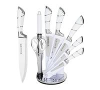 Justup Ensemble de 9 pièces avec support de couteau rotatif en acrylique, couteau de chef aiguisé sans revêtement collant, couteau de cuisine en acier inoxydable avec aiguiseur (blanc)