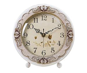Justup Horloge de table vintage, style européen rétro, sans tic-tac, horloge de bureau, fonctionne avec piles, mouvement à quartz silencieux pour chambre à coucher, salon, décoration intérieure (blanc