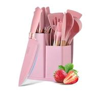 Justup Set de Couteaux de Cuisine Rose 19 Pièces - Bloc, 6 Couteaux et 11 Spatules en Silicone - Ustensiles de Cuisine