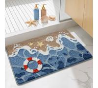 Justup Tapis de salle de bain de plage, tapis de bain antidérapant absorbant avec étoiles de mer, coquillages et anneaux de natation, tapis de salle de bain en microfibre douce pour douche, cuisine et