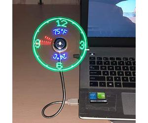 Justup Ventilateur USB, ventilateur LED RVB indiquant l'heure et la température, version RVB Mini USB avec col de cygne flexible, fonction d'affichage/mémoire pour PC, ordinateur portable, bureau