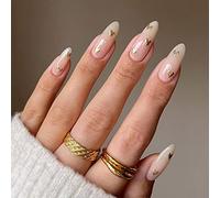 JUSTUSNX 24pcs Almond faux ongles français Nude faux ongles argent paillettes coeur d’or presse sur les ongles pour les femmes et les filles (A)