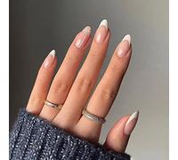 JUSTUSNX 24pcs Almond faux ongles français Nude faux ongles argent paillettes coeur d’or presse sur les ongles pour les femmes et les filles (B)