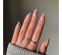 JUSTUSNX 24pcs Almond faux ongles français Nude faux ongles argent paillettes coeur d’or presse sur les ongles pour les femmes et les filles (C)