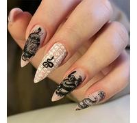 JUSTUSNX 24pcs Almond Flower faux ongles serpent faux ongles Halloween presse sur les ongles pour les femmes et les filles (A)
