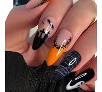 JUSTUSNX 24pcs Almond Halloween faux ongles dégradé noir faux ongles presse sur les ongles pour les femmes et les filles (B)