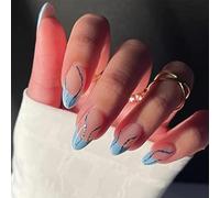 JUSTUSNX 24pcs amande faux ongles français bleu bordé Nude faux ongles feuille d’or paillettes argent Wave Press sur les ongles pour femmes et filles (B)