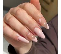 JUSTUSNX 24pcs amande faux ongles français fil d’or Oblique faux ongles Nude ligne noire perle coeur rose blanc bord presse sur les ongles pour femmes et filles (B)
