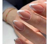 JUSTUSNX 24pcs amande faux ongles français fil d’or Oblique faux ongles Nude ligne noire perle coeur rose blanc bord presse sur les ongles pour femmes et filles (C)