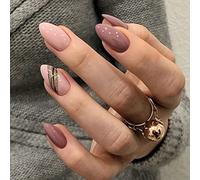 JUSTUSNX 24pcs amande faux ongles français fil d’or Oblique faux ongles Nude ligne noire perle coeur rose blanc bord presse sur les ongles pour femmes et filles (A)