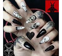 JUSTUSNX 24pcs Black Skull Halloween Nails drôle de visage long faux ongles pointe pressé ongles pour les femmes et les filles