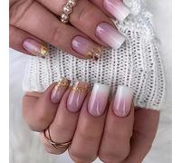 Justusnx 24pcs carré faux ongles feuille d'or faux ongles rose et blanc Gradient pression clous pour les femmes et les filles