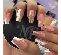 JUSTUSNX 24pcs carré français faux ongles dégradé rose faux ongles or paillettes fil presse de marbre sur les ongles pour femmes et filles (B)