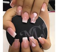 JUSTUSNX 24pcs carré français faux ongles dégradé rose faux ongles or paillettes fil presse de marbre sur les ongles pour femmes et filles (A)