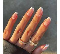JUSTUSNX 24pcs carré français faux ongles Nude blanc biseau faux ongles perle cristal presse sur les ongles pour les femmes et les filles