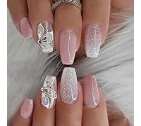 JUSTUSNX 24pcs carré français faux ongles rose bleu dégradé faux ongles brillant Daisy fleur papillon Crystal presse sur les ongles pour les femmes et les filles (C)