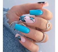 JUSTUSNX 24pcs carré français faux ongles rose bleu dégradé faux ongles brillant Daisy fleur papillon Crystal presse sur les ongles pour les femmes et les filles (A)