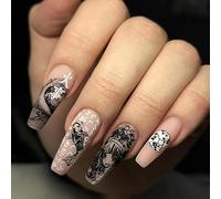 JUSTUSNX 24pcs carré noir faux ongles squelette humain faux ongles Halloween presse sur les ongles pour les femmes et les filles (B)