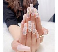 JUSTUSNX 24pcs cercueil français faux ongles rose Nude faux ongles cristal longue presse sur les ongles pour les femmes et les filles (B)