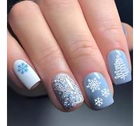 JUSTUSNX 24pcs Christmas Fake Nails Square Sequin faux ongles flocon de neige presse sur les ongles pour les femmes et les filles (B)