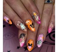 JUSTUSNX 24pcs fantômes citrouille araignée toile Halloween faux henné crâne faux ongles femmes et filles presser les ongles (A, One size)