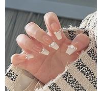 JUSTUSNX 24pcs Long Square français faux ongles Nude faux ongles perle en forme de coeur cristal presse sur les ongles pour les femmes et les filles (B)