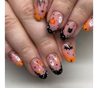 JUSTUSNX 24pcs noir court faux ongles citrouille faux ongles Halloween presse sur les ongles pour les femmes et les filles (B)